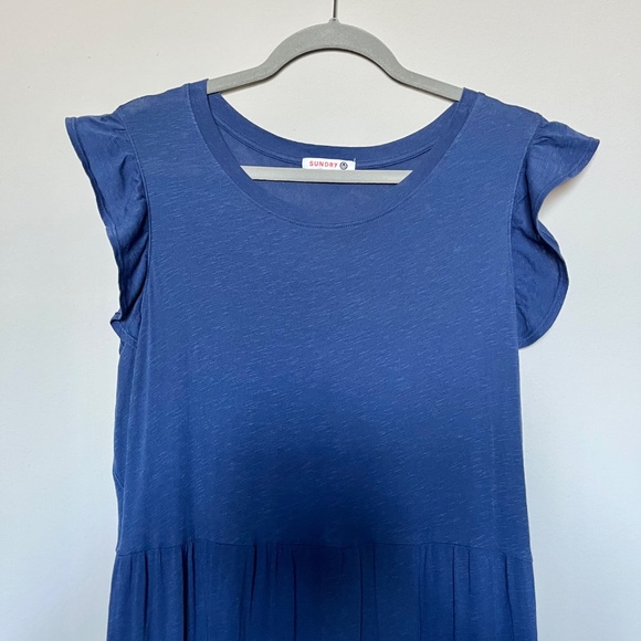 Sundry Royal Blue Ruffle Sleeve Tiered Maxi Dress Slub Cotton Jersey size 4 / XL - Picture 3 of 10